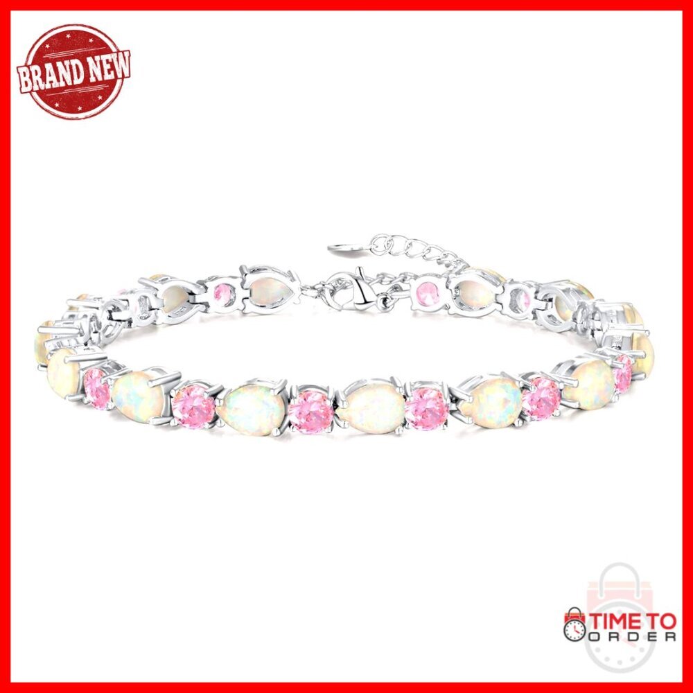 14K White Gold Plated Opal Tennis Bracelet October Birthstone Jewelry